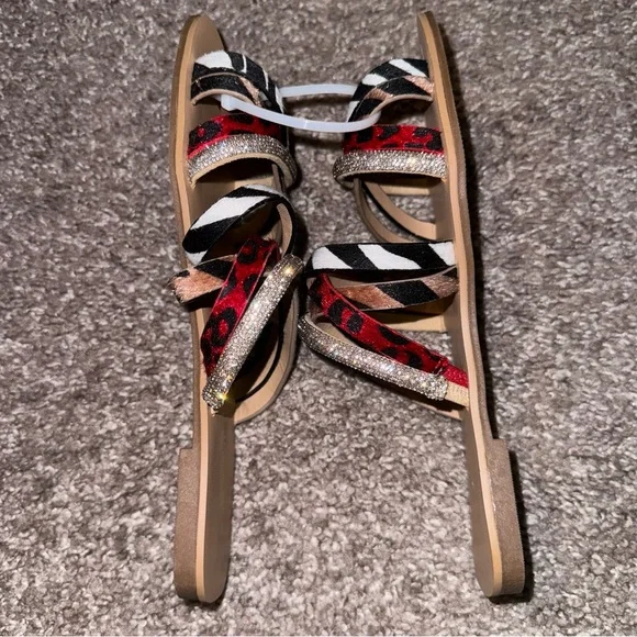 Thalia Sodi Animal Print Rhinestone Bling Sandals Faux Fur Vegan Black White Red - Picture 4 of 5